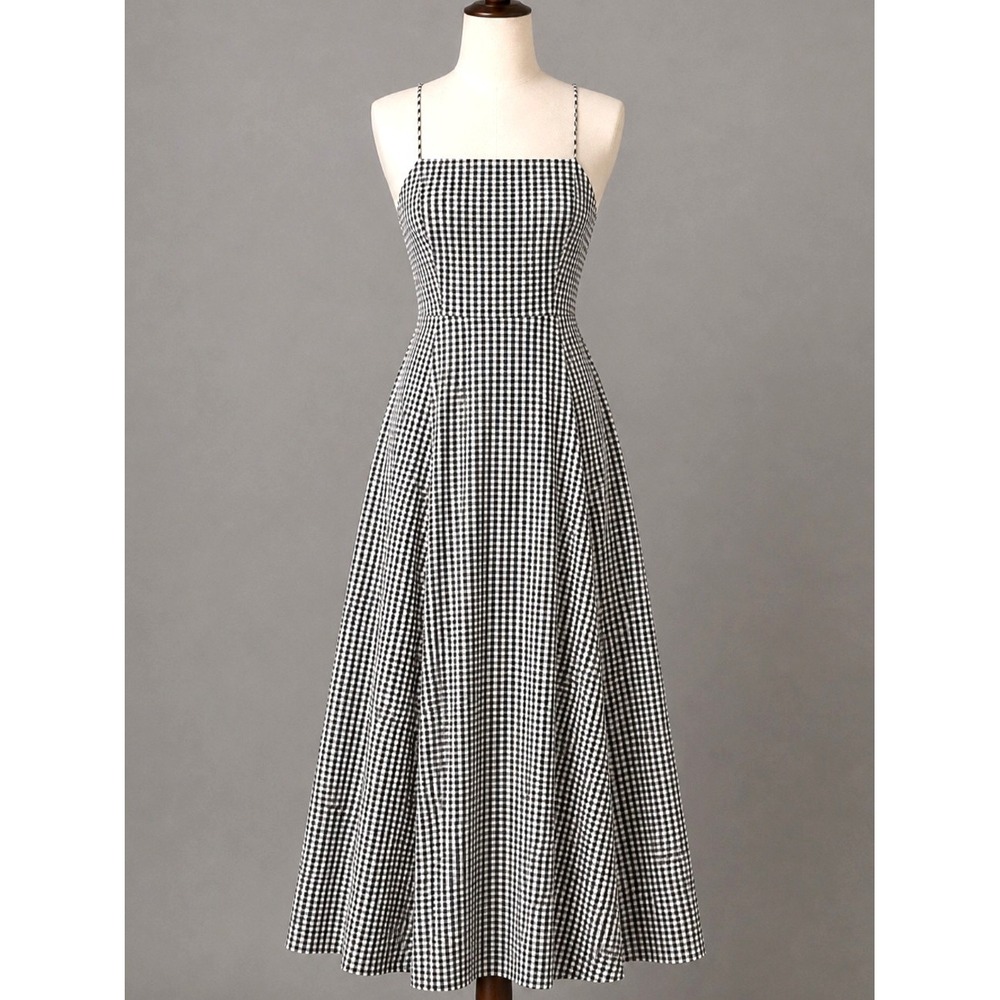 POSSE Dress XXS Black Gingham Square Neck Strappy Lace Up Back Midi Cotton